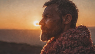 solo, black hair, 1boy, male focus, outdoors, sky, blurry, from side, profile, facial hair, beard, sunset, mountain, realistic, sun