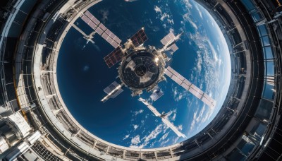 outdoors,sky,day,cloud,blue sky,dutch angle,no humans,building,star (sky),scenery,science fiction,aircraft,space,planet,earth (planet),spacecraft,above clouds,window,sunlight,clock