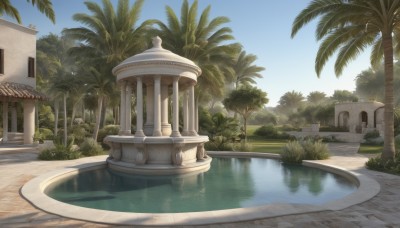 outdoors,sky,day,water,tree,blue sky,no humans,plant,building,scenery,reflection,palm tree,pool,bush,pillar,fountain,cloud,grass,nature,statue,arch,pond,pavement,reflective water