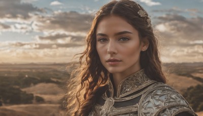 1girl,solo,long hair,looking at viewer,brown hair,hair ornament,brown eyes,jewelry,closed mouth,upper body,earrings,outdoors,sky,day,cloud,armor,mole,blurry,lips,depth of field,blurry background,wavy hair,shoulder armor,portrait,freckles,curly hair,pauldrons,realistic,nose,fantasy,cloudy sky,desert