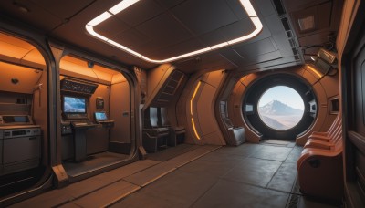 indoors,no humans,window,scenery,reflection,science fiction,door,tiles,cable,tile floor,washing machine,seat,sky,mountain,realistic,space,monitor,planet,earth (planet),spacecraft,cockpit,screen