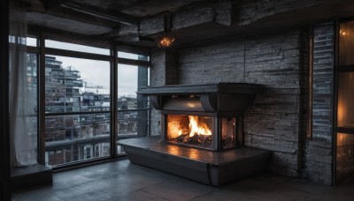 sky,cloud,indoors,no humans,window,fire,building,scenery,city,cityscape,skyscraper,burning,fireplace,day,snow,ruins