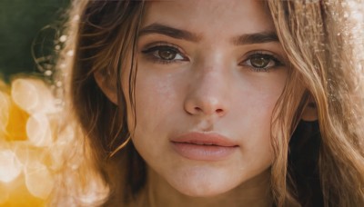 1girl,solo,long hair,looking at viewer,blonde hair,brown hair,brown eyes,flower,parted lips,blurry,lips,eyelashes,thick eyebrows,portrait,close-up,realistic,nose,closed mouth