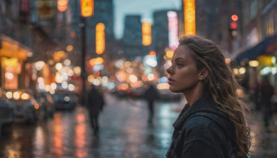 1girl, solo, long hair, looking at viewer, blue eyes, blonde hair, jacket, upper body, outdoors, blurry, from side, profile, night, depth of field, blurry background, city, realistic, nose, bokeh, city lights