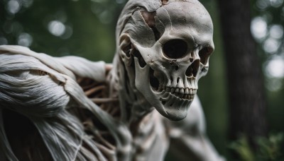 solo,1boy,upper body,male focus,teeth,blurry,depth of field,blurry background,portrait,skull,bald,skeleton,tree,no humans,nature,forest,realistic,bokeh,bone