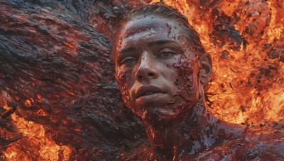 solo, 1boy, male focus, parted lips, grey eyes, fire, portrait, realistic, debris, burning