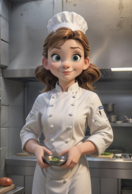 1girl,solo,long hair,looking at viewer,smile,blue eyes,brown hair,long sleeves,hat,holding,closed mouth,standing,cowboy shot,food,indoors,medium hair,lips,buttons,bowl,female child,cooking,kitchen,holding bowl,chef hat,chef,soup,cutting board,nose,double-breasted