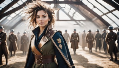 1girl,long hair,looking at viewer,brown hair,long sleeves,hat,brown eyes,closed mouth,standing,weapon,multiple boys,solo focus,day,belt,sword,indoors,cape,armor,blurry,uniform,lips,coat,military,dutch angle,military uniform,buttons,floating hair,depth of field,blurry background,wind,walking,6+boys,realistic,nose,soldier,jewelry,jacket,upper body,earrings,makeup,lipstick,messy hair,buckle,faceless,backlighting,emblem,badge,crowd