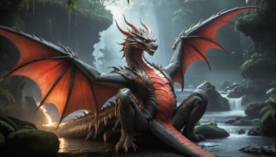 HQ,solo,open mouth,red eyes,sitting,tail,outdoors,wings,horns,teeth,water,tree,no humans,glowing,fangs,fire,sharp teeth,nature,scenery,glowing eyes,claws,spikes,forest,dragon horns,monster,rock,dragon,dragon tail,scales,waterfall,dragon wings,cave,sky,cloud,fantasy