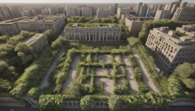 outdoors,day,tree,no humans,sunlight,plant,building,nature,scenery,stairs,city,road,cityscape,ruins,bridge,overgrown,skyscraper