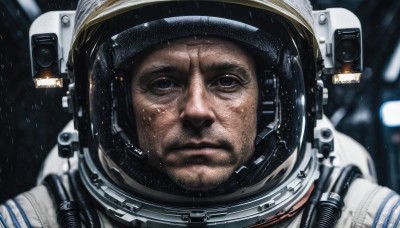 solo,looking at viewer,1boy,brown eyes,closed mouth,male focus,blurry,black eyes,blurry background,facial hair,helmet,portrait,reflection,science fiction,realistic,spacesuit,astronaut,beard,close-up,serious,stubble,space