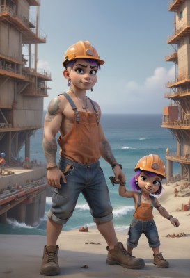 1girl,looking at viewer,smile,short hair,open mouth,1boy,hat,jewelry,purple hair,earrings,boots,outdoors,multiple boys,sky,shorts,day,pants,artist name,cloud,dark skin,water,necklace,bracelet,blue sky,tattoo,muscular,holding hands,bird,siblings,ocean,watermark,beach,helmet,tank top,aged down,denim,child,topless male,sand,female child,overalls,arm tattoo,watercraft,male child,ship,boat,seagull,dock,multiple girls,2girls,brown eyes,standing,full body,weapon,shoes,black eyes,gun,thick eyebrows,hardhat