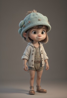 1girl,solo,short hair,simple background,brown hair,shirt,hat,brown eyes,closed mouth,standing,jacket,full body,open clothes,shorts,belt,hood,black eyes,blood,buttons,brown footwear,sandals,white jacket,child,blue headwear,brown background,female child,lips,hoodie,shadow,realistic