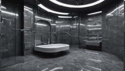 monochrome,greyscale,indoors,no humans,scenery,reflection,rain,mirror,tiles,light,bathroom,sink,science fiction,cable,tile floor,tile wall,industrial pipe