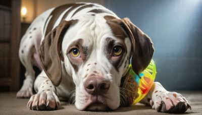 HQ,solo,looking at viewer,full body,yellow eyes,indoors,blurry,no humans,depth of field,blurry background,animal,cat,claws,dog,realistic,animal focus,horror (theme),photo inset