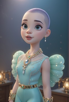 1girl,solo,breasts,looking at viewer,smile,short hair,blue eyes,dress,jewelry,purple hair,earrings,small breasts,parted lips,teeth,sleeveless,belt,artist name,necklace,blurry,bracelet,lips,blurry background,blue dress,gem,freckles,lamp,candle,bald,very short hair,aqua dress,wings,covered nipples,see-through,eyelashes,thick eyebrows,aged down,realistic,nose,fairy wings