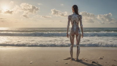 1girl, solo, long hair, ass, outdoors, sky, day, cloud, from behind, no humans, ocean, beach, scenery, science fiction, sand, horizon, waves