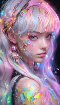 1girl,solo,long hair,looking at viewer,bangs,blue eyes,hair ornament,bare shoulders,jewelry,upper body,pink hair,white hair,multicolored hair,hairband,earrings,parted lips,from side,lips,grey eyes,eyelashes,tattoo,gradient hair,makeup,lipstick,gem,portrait,eyeshadow,freckles,pink lips,realistic,nose,colorful,mascara,rainbow hair,simple background,closed mouth,artist name,blunt bangs,sparkle,watermark,expressionless,black background,web address,light particles