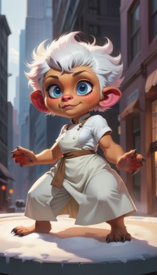 1girl,solo,looking at viewer,blush,smile,short hair,blue eyes,animal ears,standing,full body,white hair,short sleeves,grey hair,outdoors,barefoot,day,pants,blurry,blurry background,building,child,claws,furry,freckles,city,furry female,female child,fewer digits,breasts,dress,closed mouth,belt,lips,buttons,animal nose,street,brown fur