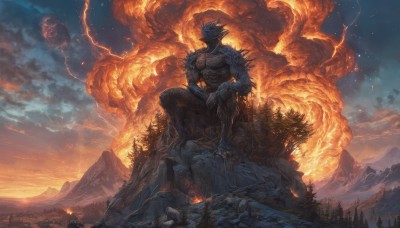 solo,1boy,sitting,male focus,outdoors,sky,teeth,cloud,armor,tree,no humans,muscular,night,glowing,moon,cloudy sky,fire,sharp teeth,star (sky),nature,night sky,scenery,claws,spikes,forest,smoke,starry sky,sunset,monster,rock,mountain,fantasy,giant,explosion,destruction,molten rock,bird,abs