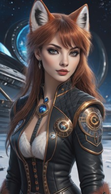 1girl,solo,long hair,breasts,looking at viewer,bangs,brown hair,long sleeves,animal ears,cleavage,brown eyes,jewelry,medium breasts,jacket,upper body,earrings,parted lips,lips,fur trim,fox ears,eyelashes,makeup,fox tail,lipstick,brooch,fox girl,gem,red lips,space,artist name,between breasts,realistic