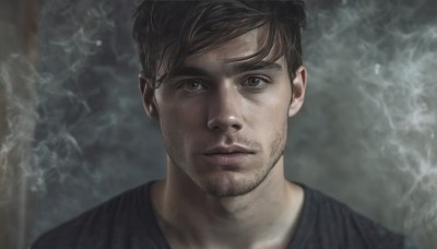 solo,looking at viewer,short hair,blue eyes,brown hair,shirt,black hair,1boy,closed mouth,male focus,black shirt,facial hair,portrait,beard,realistic,stubble,brown eyes,blurry,blurry background,smoke,mature male