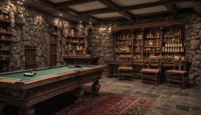 indoors,cup,book,no humans,window,chair,table,bottle,plant,scenery,plate,wooden floor,stairs,bookshelf,lamp,candle,brick wall,stool,shelf,bar (place),carpet,rug,chandelier,fireplace,painting (object)