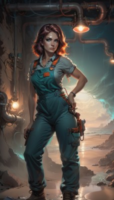 1girl,solo,breasts,looking at viewer,short hair,blue eyes,brown hair,shirt,jewelry,medium breasts,standing,collarbone,full body,weapon,short sleeves,boots,parted lips,sky,shoes,collared shirt,pants,artist name,cloud,signature,medium hair,bracelet,lips,hand on hip,gun,glowing,watermark,brown footwear,blue shirt,web address,handgun,cross-laced footwear,smoke,backlighting,freckles,science fiction,contrapposto,pocket,watch,rock,realistic,nose,wristwatch,light,overalls,cable,holster,dirty,wrench,flashlight,holding,white shirt,red hair,outdoors,water,mole,t-shirt,legs apart,light bulb