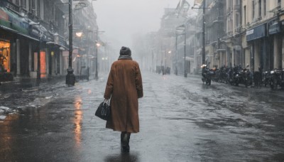 gloves,long sleeves,1boy,hat,holding,standing,male focus,outdoors,multiple boys,solo focus,bag,from behind,black footwear,coat,helmet,ground vehicle,building,scenery,motor vehicle,reflection,walking,rain,city,car,road,holding bag,multiple others,brown coat,lamppost,street,trench coat,ambiguous gender,puddle,grey sky,people,boots,hood,snow,hood up,snowing,sign,cityscape,winter,shopping bag,raincoat,town,pavement