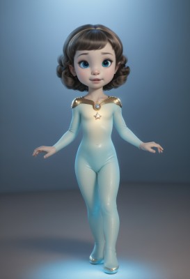 1girl,solo,looking at viewer,smile,short hair,blue eyes,brown hair,black hair,navel,jewelry,standing,full body,hairband,flat chest,lips,loli,bodysuit,covered navel,skin tight,curly hair,breasts,long sleeves,closed mouth,small breasts,pointy ears,star (symbol),eyelashes,freckles,blue footwear,superhero