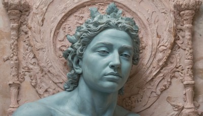 solo,1boy,closed mouth,collarbone,male focus,colored skin,traditional media,portrait,empty eyes,realistic,blue skin,no pupils,statue,looking at viewer,short hair,expressionless