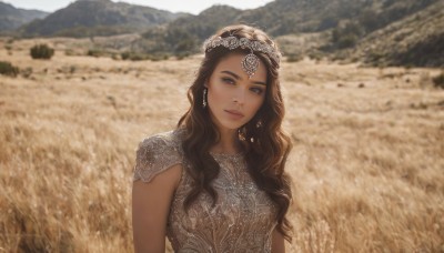 1girl,solo,long hair,breasts,looking at viewer,brown hair,hair ornament,dress,brown eyes,jewelry,closed mouth,upper body,earrings,outdoors,day,dark skin,necklace,armor,blurry,lips,depth of field,blurry background,wavy hair,tiara,circlet,realistic,field,medium breasts,parted lips,signature,dark-skinned female,see-through,makeup,curly hair