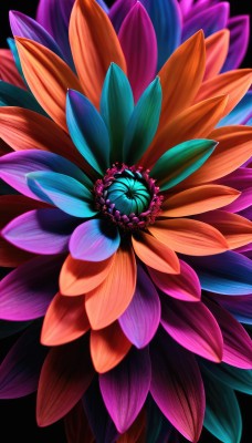 solo,simple background,flower,no humans,leaf,black background,pink flower,blue flower,purple flower,colorful,orange flower,still life,glowing,plant