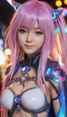 1girl,solo,long hair,breasts,looking at viewer,smile,bangs,blue eyes,animal ears,cleavage,medium breasts,closed mouth,upper body,pink hair,shiny,cat ears,blurry,lips,makeup,blurry background,fake animal ears,realistic,nose,armor,eyelashes,shoulder armor