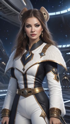 1girl,solo,long hair,breasts,looking at viewer,brown hair,long sleeves,holding,animal ears,brown eyes,jewelry,closed mouth,standing,cowboy shot,earrings,belt,pants,lips,makeup,capelet,lipstick,science fiction,realistic,white pants,nose,red lips,space,bear ears,medium breasts,artist name,bodysuit,gem