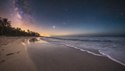 outdoors, sky, water, tree, no humans, night, ocean, beach, star (sky), night sky, scenery, starry sky, sunset, sand, palm tree, horizon, shore