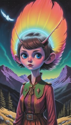 1girl,solo,looking at viewer,short hair,bangs,blue eyes,skirt,brown hair,shirt,long sleeves,dress,closed mouth,upper body,outdoors,wings,sky,belt,artist name,cloud,signature,tree,lips,eyelashes,makeup,night,swept bangs,glowing,colored skin,watermark,grass,feathers,lipstick,red shirt,star (sky),nature,night sky,buckle,forest,starry sky,belt buckle,mountain,nose,antennae,red lips,brown belt,pine tree,bird,red dress,epaulettes,medal,aurora