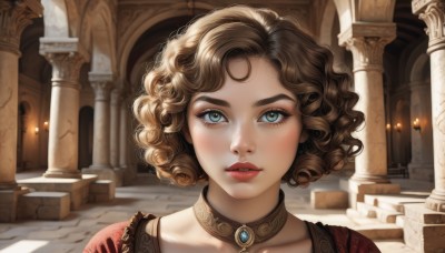 1girl,solo,looking at viewer,short hair,blue eyes,brown hair,jewelry,green eyes,collarbone,parted lips,teeth,choker,artist name,indoors,lips,eyelashes,makeup,gem,portrait,freckles,curly hair,realistic,pillar,column,bangs,nose,red lips,candle