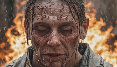 1girl,solo,black hair,1boy,closed mouth,closed eyes,male focus,parted lips,blurry,lips,wet,blood,blurry background,scar,fire,portrait,facing viewer,scar on face,rain,realistic,explosion,old,burning,looking at viewer,short hair,open mouth,teeth,black eyes,facial hair,close-up