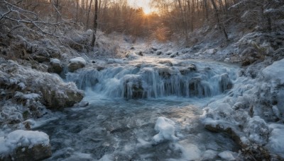 outdoors,water,tree,no humans,sunlight,nature,scenery,snow,forest,rock,winter,bare tree,river,waterfall,landscape,stream,sky,ice,snowing,mountain,sun,branch,frozen