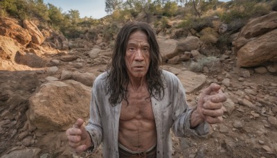 solo,long hair,looking at viewer,open mouth,brown hair,shirt,black hair,long sleeves,1boy,navel,white shirt,male focus,outdoors,open clothes,day,belt,tree,open shirt,facial hair,scar,rock,realistic,mustache,blue eyes,abs,nature,beard,stubble,dirty