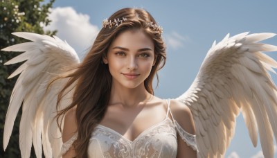 1girl,solo,long hair,breasts,looking at viewer,smile,brown hair,dress,cleavage,bare shoulders,brown eyes,medium breasts,closed mouth,collarbone,upper body,outdoors,wings,sky,day,cloud,white dress,blurry,blue sky,lips,blurry background,feathered wings,angel wings,realistic,white wings,angel,head wreath,tongue,tongue out,tree