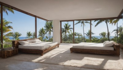 outdoors,sky,day,cloud,indoors,tree,blue sky,pillow,no humans,window,bed,shadow,bed sheet,ocean,on bed,beach,sunlight,plant,curtains,scenery,palm tree,shade,bedroom,couch