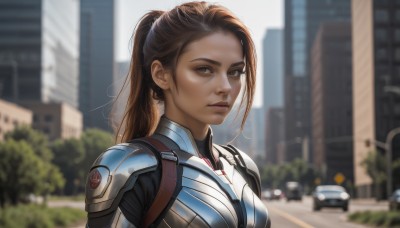 1girl,solo,long hair,looking at viewer,brown hair,brown eyes,closed mouth,upper body,ponytail,outdoors,day,dark skin,armor,blurry,dark-skinned female,lips,bodysuit,depth of field,blurry background,ground vehicle,building,motor vehicle,science fiction,city,realistic,nose,car,road,hair pulled back,street,shoulder armor,shoulder pads