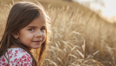 1girl,solo,long hair,looking at viewer,smile,brown hair,black hair,brown eyes,closed mouth,upper body,outdoors,day,looking back,blurry,black eyes,lips,looking to the side,floral print,grass,portrait,realistic,nose,field,sunlight,wheat