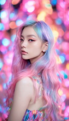 1girl,solo,long hair,looking at viewer,dress,bare shoulders,jewelry,closed mouth,blue hair,upper body,pink hair,multicolored hair,earrings,looking back,necklace,blurry,black eyes,from side,two-tone hair,lips,strapless,makeup,depth of field,blurry background,piercing,ear piercing,strapless dress,realistic,nose,from behind,gradient hair,watermark,wavy hair,eyeshadow,bokeh