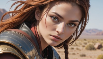 1girl,solo,long hair,looking at viewer,brown hair,brown eyes,braid,outdoors,parted lips,sky,day,armor,blurry,blue sky,lips,eyelashes,depth of field,blurry background,shoulder armor,portrait,close-up,forehead,freckles,pauldrons,mountain,realistic,nose,teeth