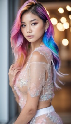 1girl,solo,long hair,breasts,looking at viewer,skirt,shirt,black hair,brown eyes,jewelry,medium breasts,closed mouth,underwear,blue hair,upper body,pink hair,purple hair,multicolored hair,earrings,midriff,artist name,indoors,blurry,black eyes,bracelet,from side,two-tone hair,lips,see-through,looking to the side,no bra,sideboob,gradient hair,makeup,depth of field,blurry background,piercing,hand on own chest,realistic,nose,eyelashes,watermark,wavy hair,revealing clothes,eyeshadow,bokeh,mascara