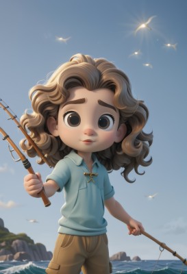 1girl,solo,long hair,looking at viewer,smile,brown hair,shirt,holding,brown eyes,closed mouth,standing,short sleeves,outdoors,sky,shorts,day,collared shirt,pants,artist name,cloud,medium hair,water,blue sky,lips,bird,ocean,animal,thick eyebrows,blue shirt,child,wading,curly hair,pocket,rock,sun,female child,male child,brown shorts,fishing rod,seagull,fishing,watermark,wavy hair,brown pants