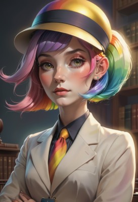 1girl,solo,looking at viewer,blush,short hair,bangs,shirt,long sleeves,hat,jewelry,green eyes,blue hair,jacket,upper body,pink hair,purple hair,multicolored hair,earrings,parted lips,green hair,necktie,collared shirt,artist name,indoors,nail polish,two-tone hair,lips,black shirt,eyelashes,makeup,piercing,crossed arms,wing collar,lipstick,ear piercing,freckles,realistic,nose,name tag,bookshelf,stud earrings,id card,yellow necktie,rainbow hair,brown eyes,closed mouth,yellow eyes,striped,book,gradient hair,buttons,ring,white jacket,thick eyebrows,red necktie,labcoat,striped necktie